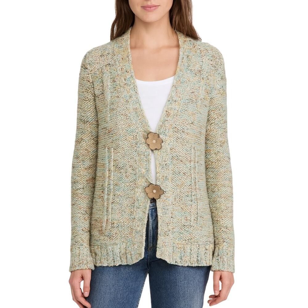 Y2k BCBGMAXAZRIA Multi Color Rainbow Chunky Knit Cardigan Flower Buttons Large
